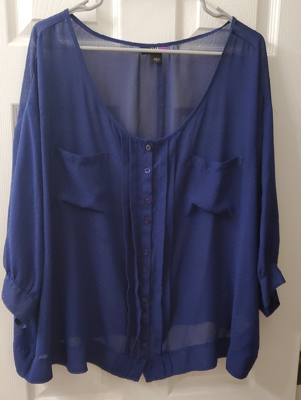 Lightweight Royal Blue Sheer Button-Front Blouse